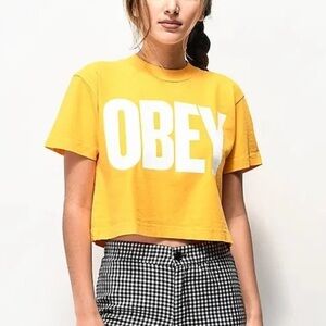 Obey Yellow Mango Mock Neck Crop T-Shirt Size  XS
